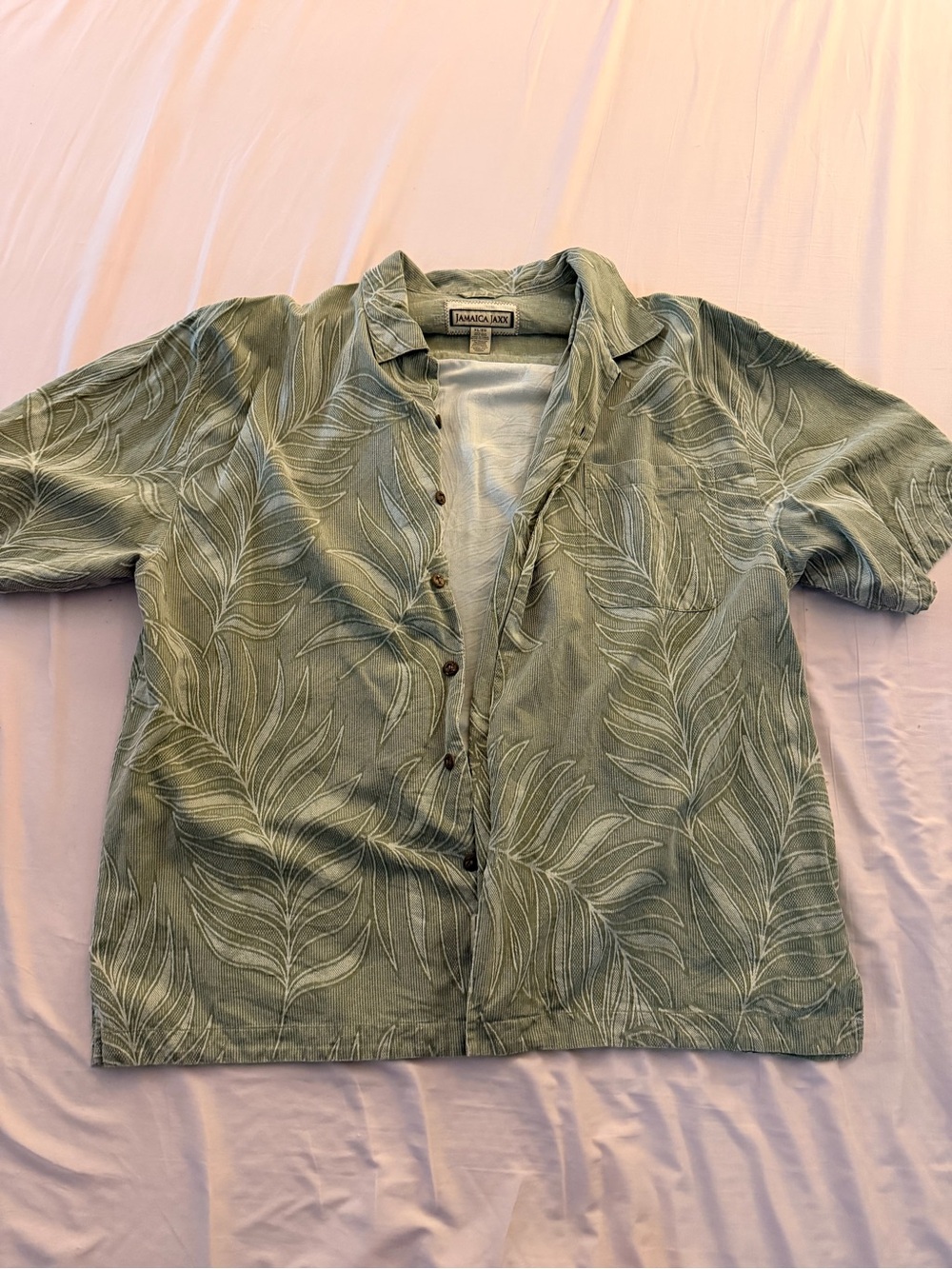 Jamaica Jaxx Sage Green Leaf-Print Short-Sleeve Button-Down